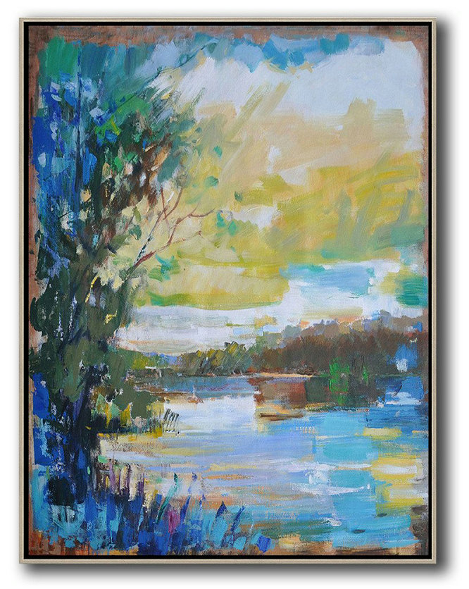 Abstract Landscape Painting,Canvas Artwork For Sale Yellow,White,Blue,Dark Green - Click Image to Close
